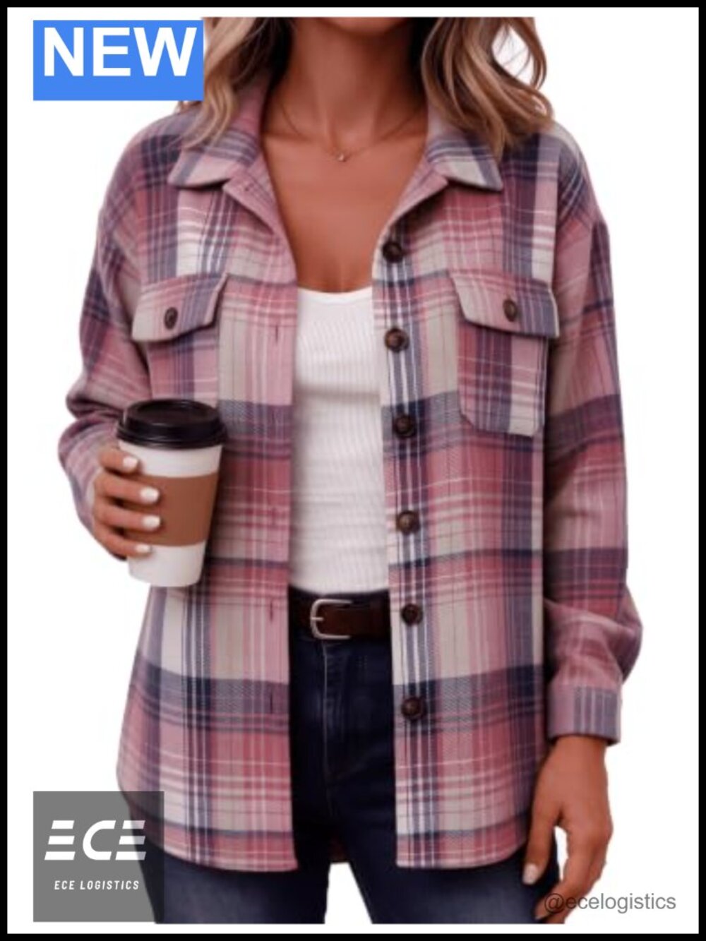 Plaid Flannel Shacket Button Down Chest Pockets Casual Jacket